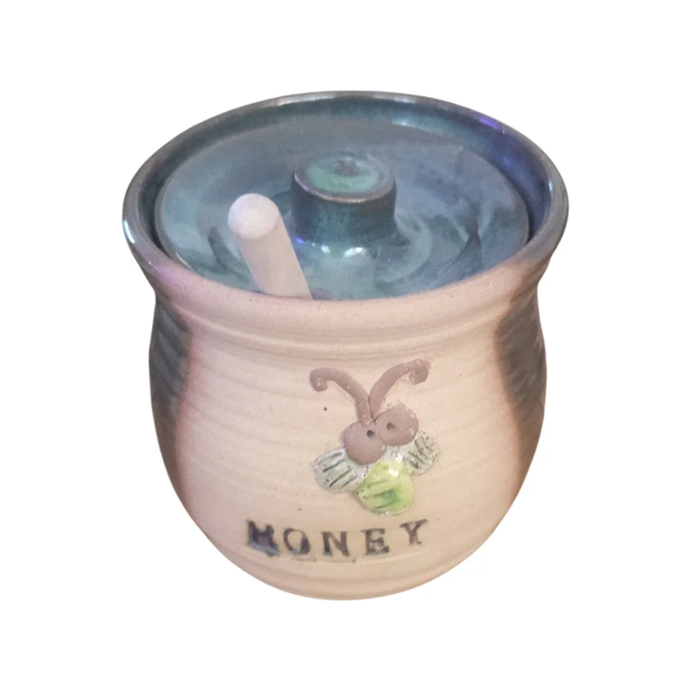 Artisan Handmade Stoneware Pottery Bee Honey Pot & Dipper